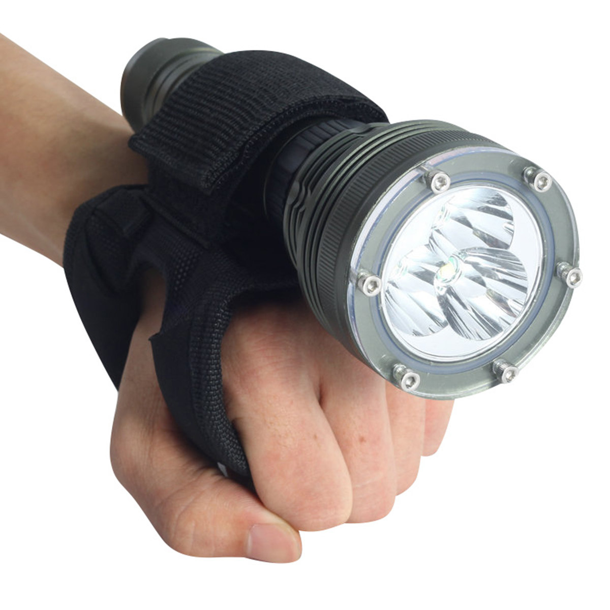 Underwater Flashlight - สายรัดข้อมือสำหรับยึดไฟฉายแบบปรับได้ สำหรับไฟฉายดำน้ำ 25 ดวง สีดำ ถุงมือไนลอนสำหรับยึดไฟฉายใต้น้ำ