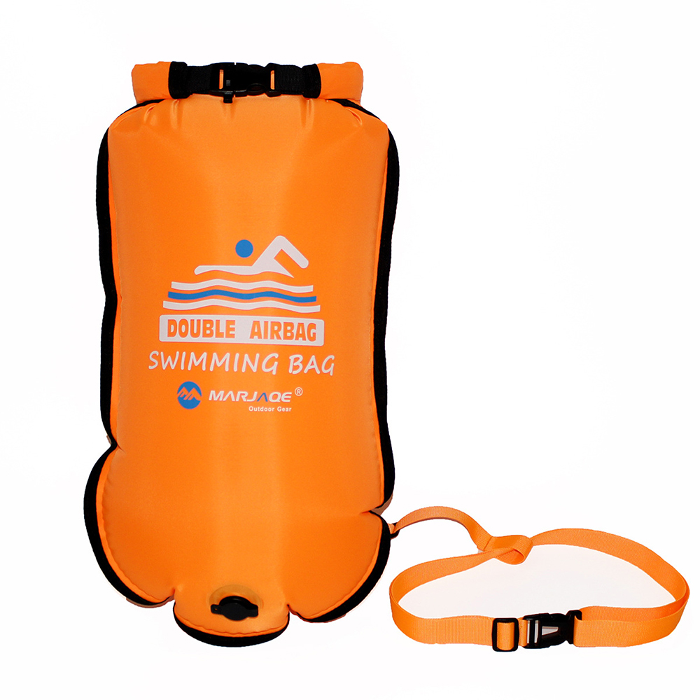 Swim Buoy Open Water - ทุ่นว่ายน้ำพีวีซีแบบเป่าลมได้กระเป๋าลอยน้ำได้ถุงลมนิรภัยคู่พร้อมสายพานมองเห็นได้สูงกระเป๋านิรภัยสำหรับกีฬาทางน้ำ20L