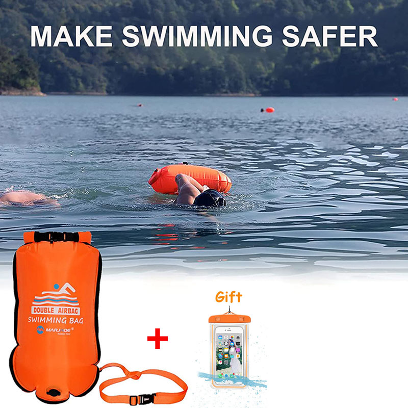 Swim Buoy Open Water - 20L กระเป๋ากันน้ำเป่าลมลอยน้ำได้พร้อมกระเป๋าใส่โทรศัพท์กระเป๋าลอยน้ำได้แบบเปิดโล่งพร้อมถุงลมคู่เข็มขัดกีฬาทางน้ำ
